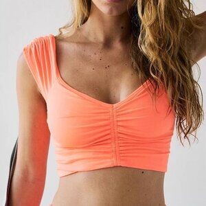 Crop Ruched V-Neck Top - Neon Coral